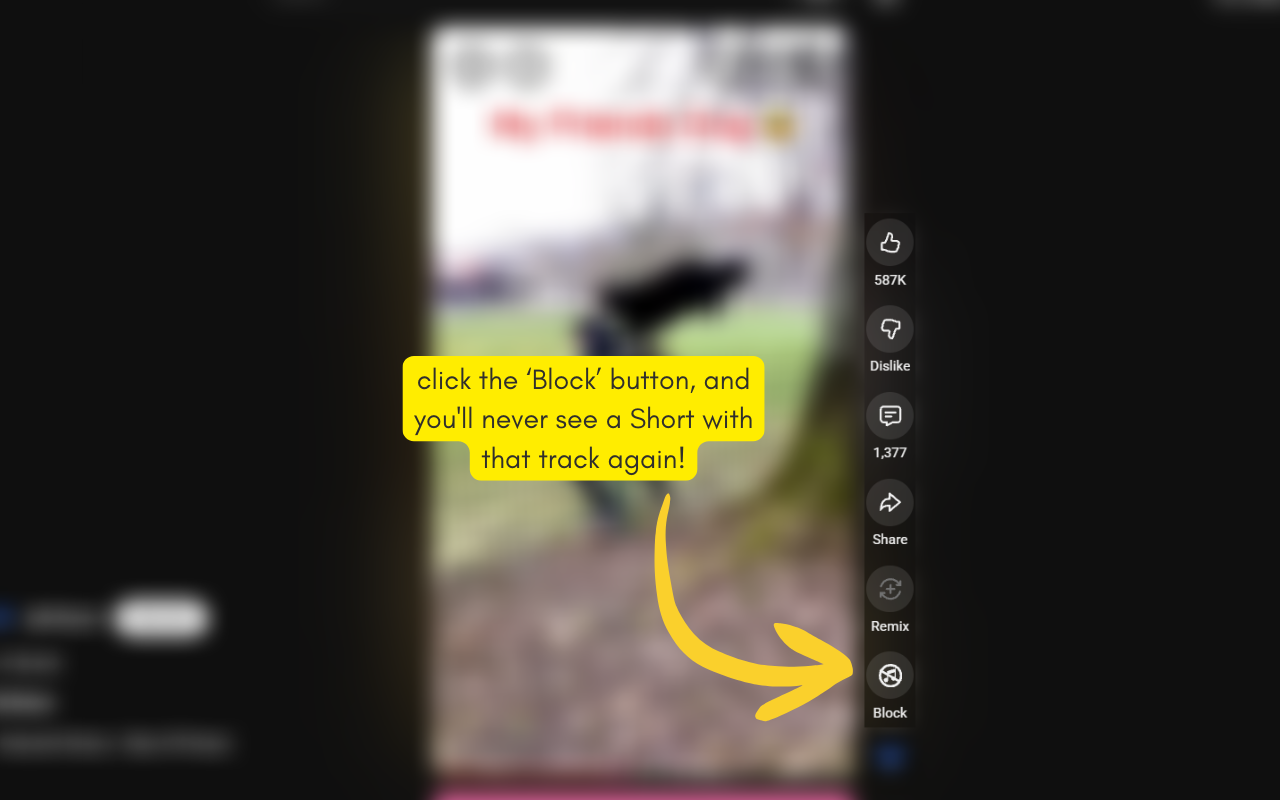 Shorts action bar showing the Block Track button.